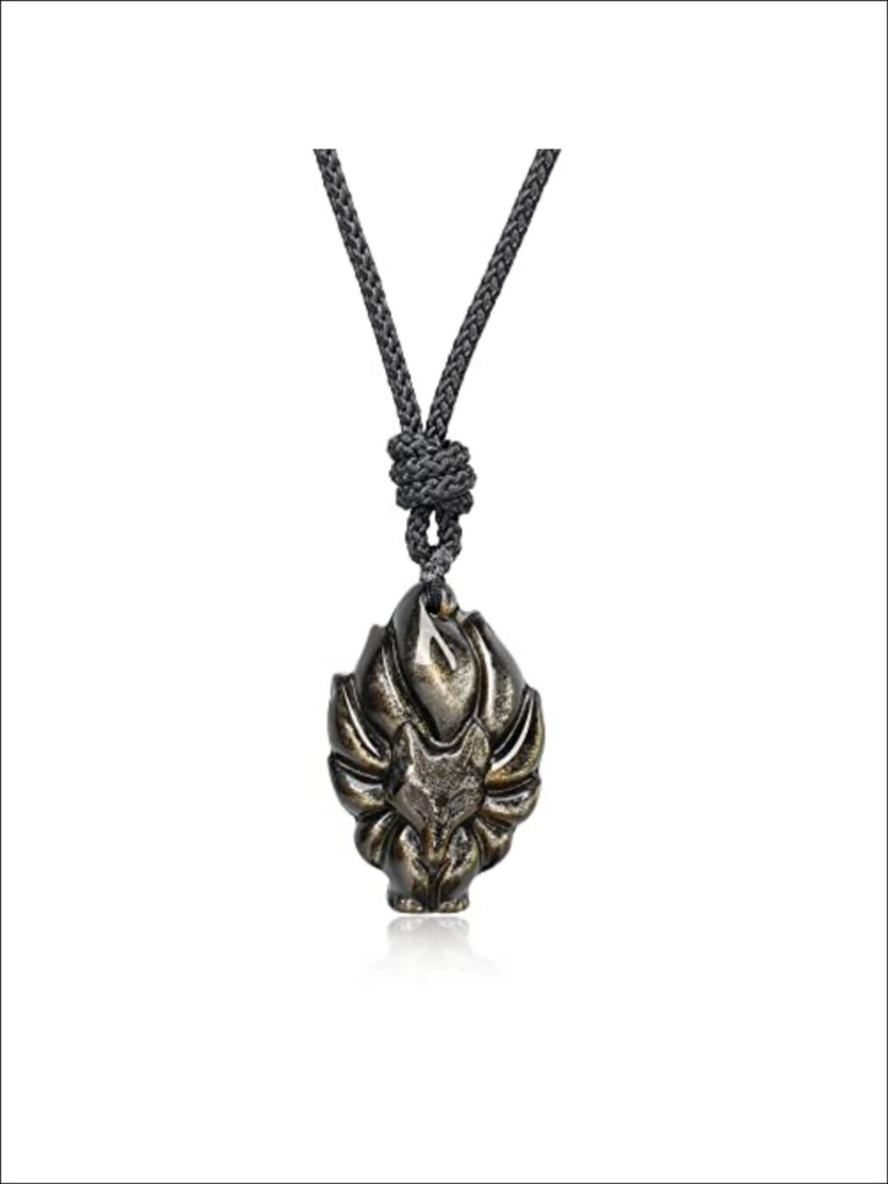 Nine Tailed Fox Pendant Necklace Adjustable Nylon Cord Natural Obsidian